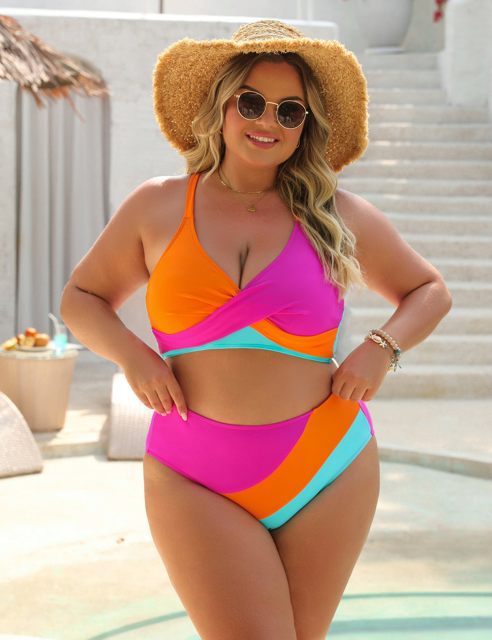 Color-Block Crisscross Laced Back Bikini Set