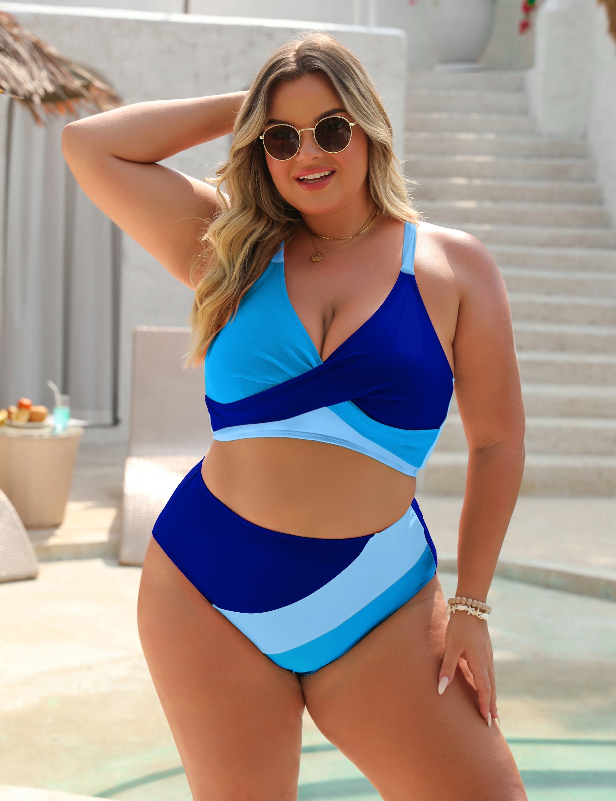 Color-Block Crisscross Laced Back Bikini Set