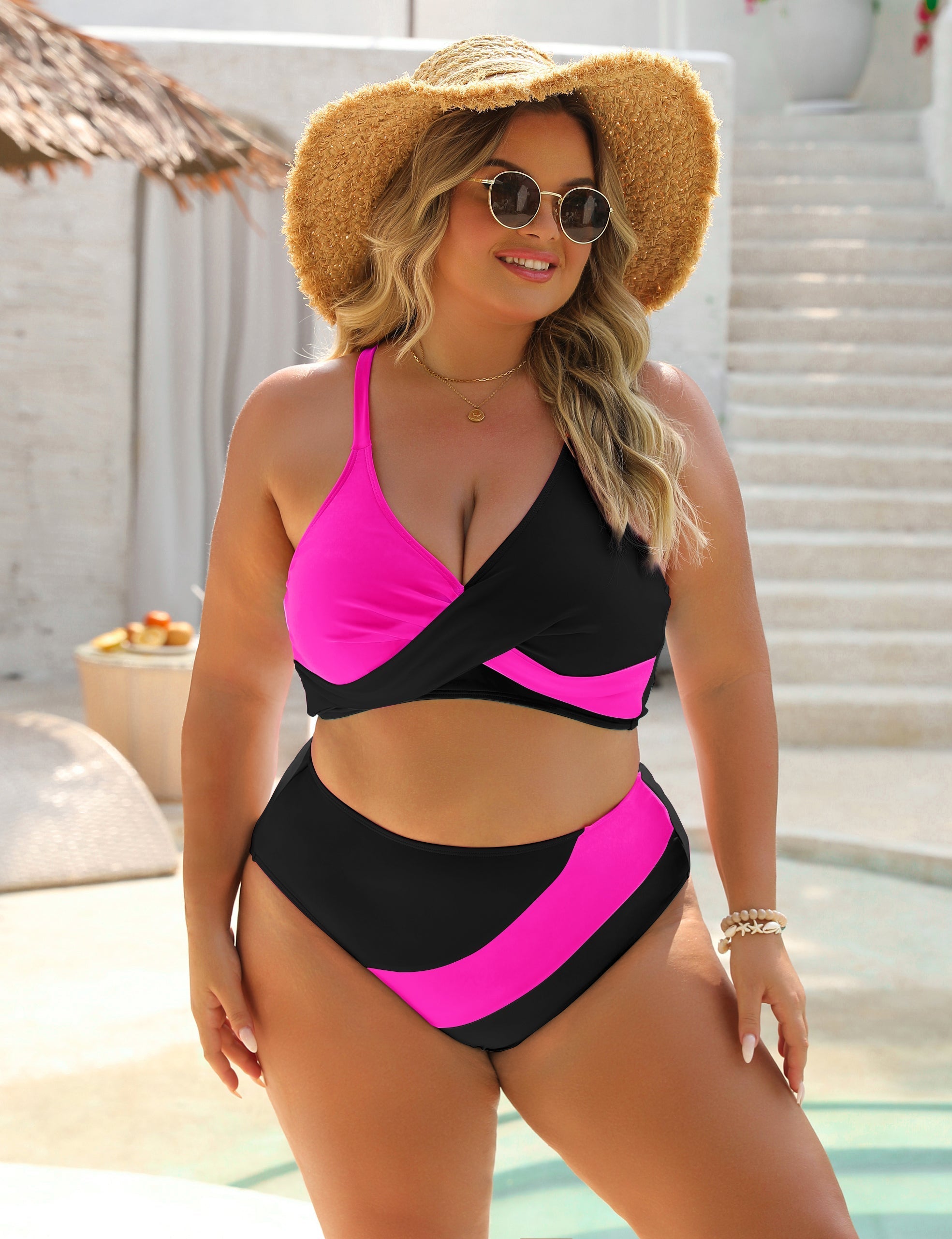 Color-Block Crisscross Laced Back Bikini Set