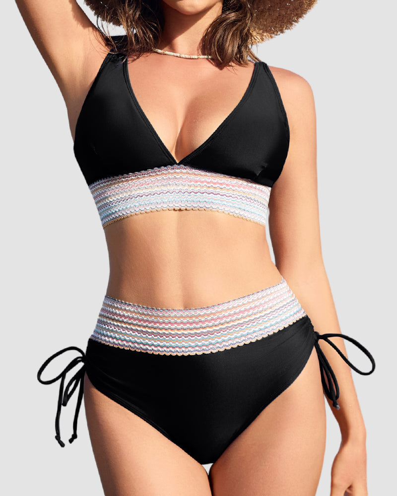 High Waisted Tummy Control Color Block Bikini Sets