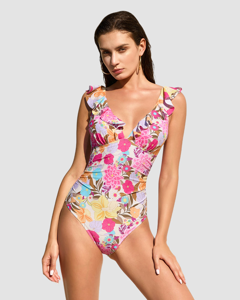 Elegant Sunny Flower Ruffled One Piece Swimsuit