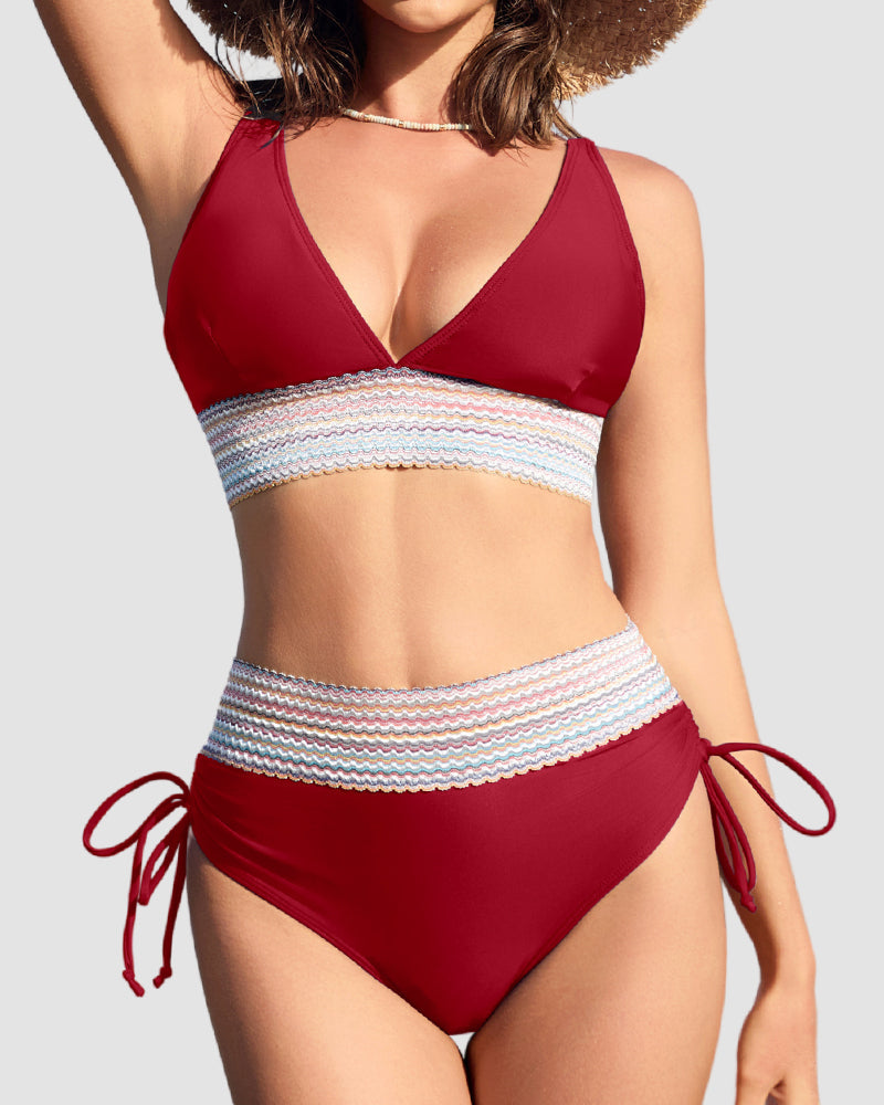 High Waisted Tummy Control Color Block Bikini Sets