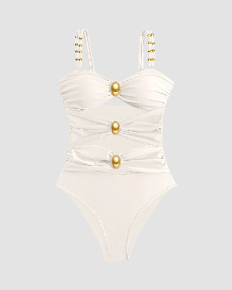 Gold Beads Detailing Cut-Out Ruched One Piece Swimsuit