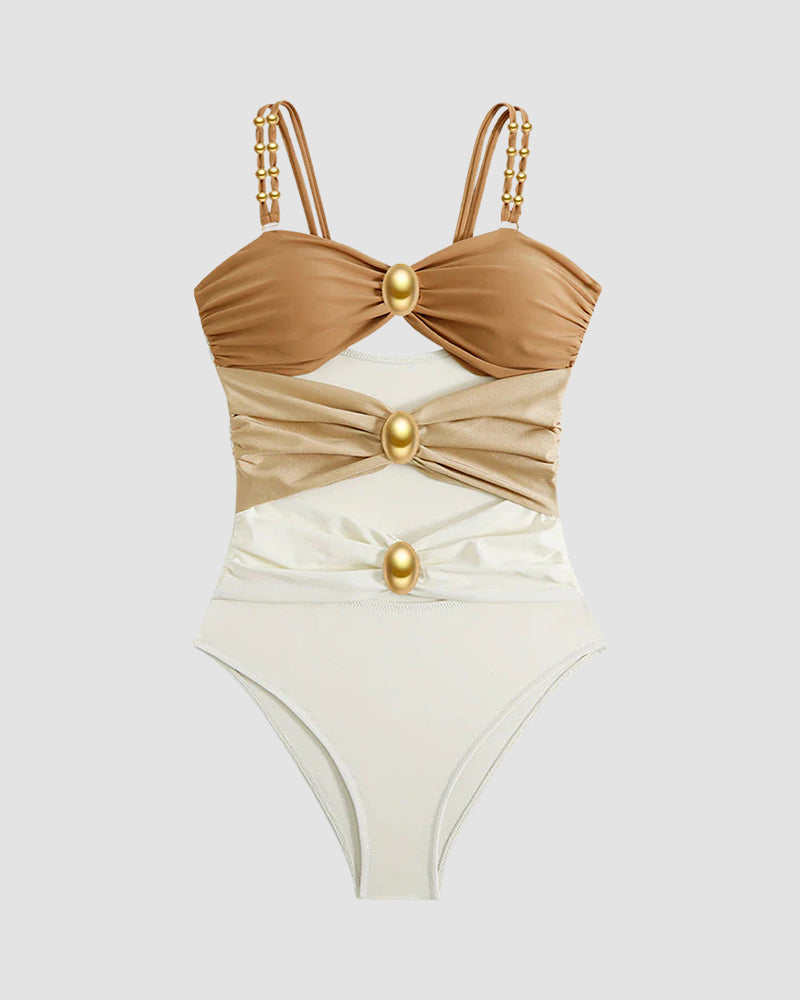 Gold Beads Detailing Cut-Out Ruched One Piece Swimsuit