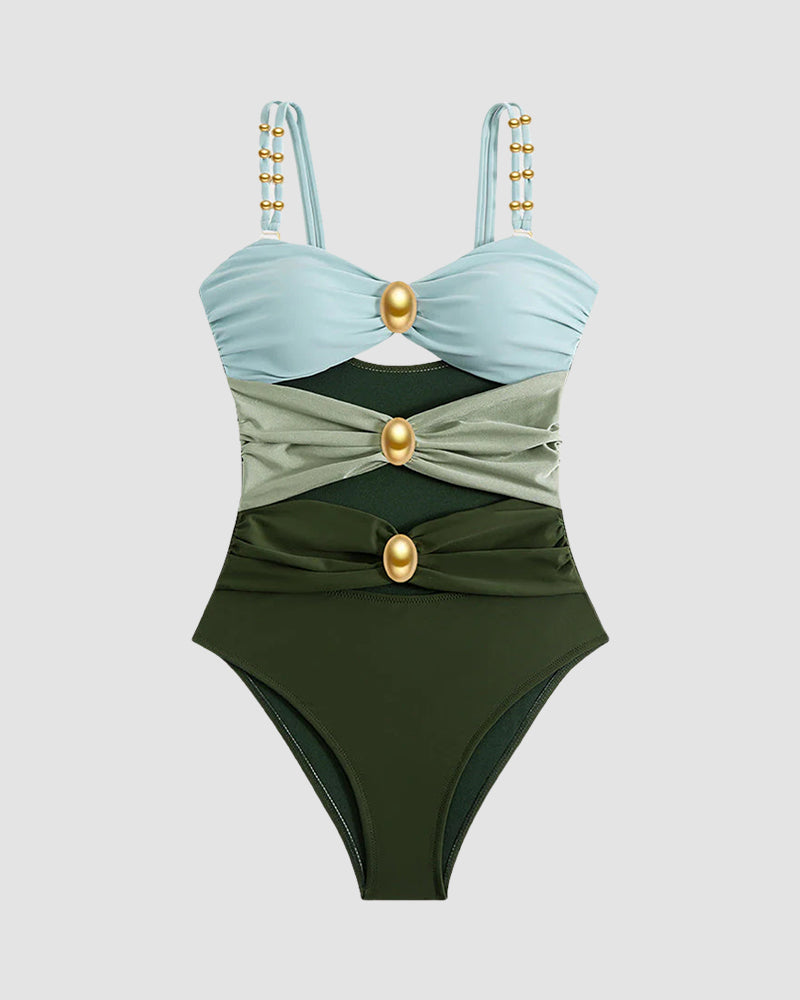 Gold Beads Detailing Cut-Out Ruched One Piece Swimsuit