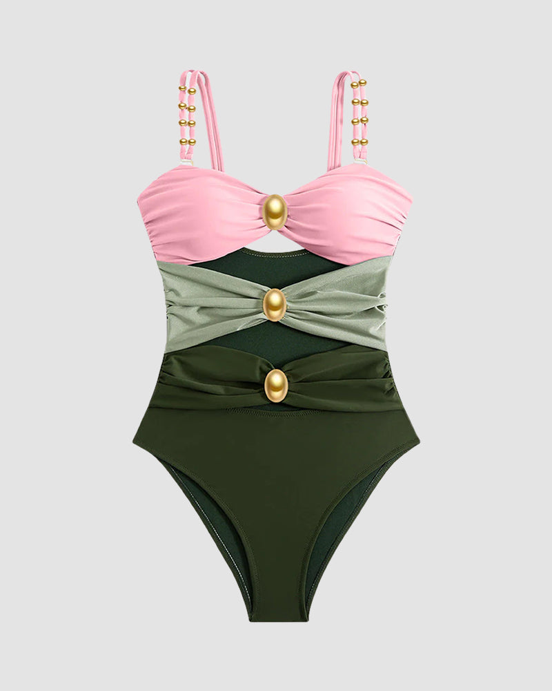 Gold Beads Detailing Cut-Out Ruched One Piece Swimsuit